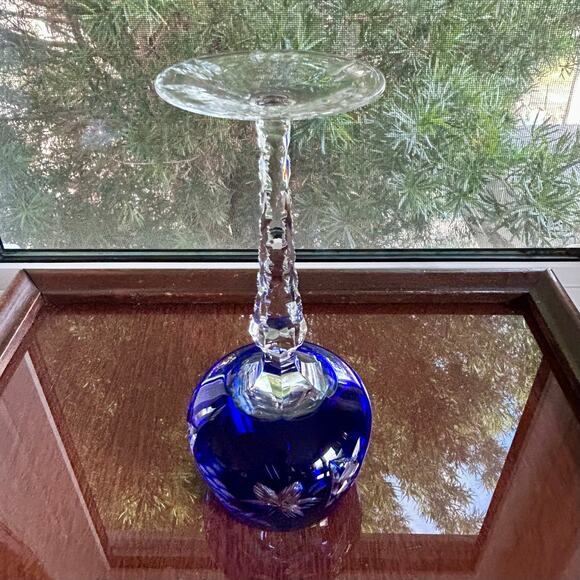 Vintage Bohemian / Czech Cobalt Blue Cut-to-Clear Crystal Wine Hock Goblet - Picture 4 of 11